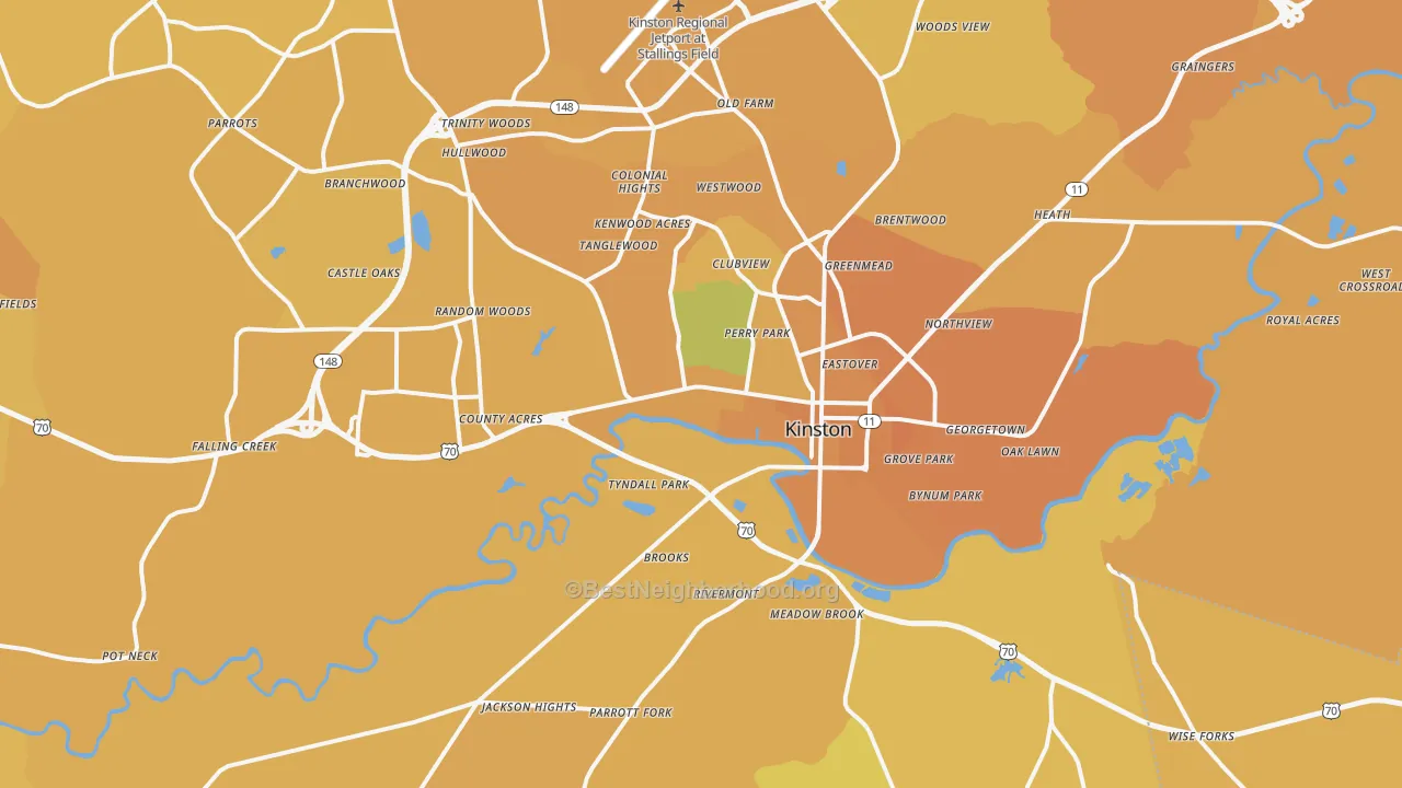 Map of the best neighborhoods in the Kinston area, with better matches in green and worse matches in red