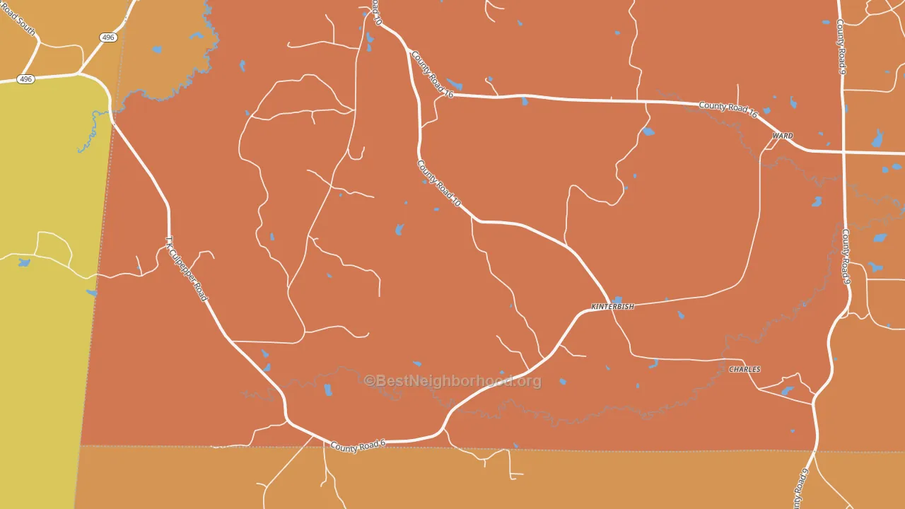 Map of the best neighborhoods in the Kinterbish area, with better matches in green and worse matches in red