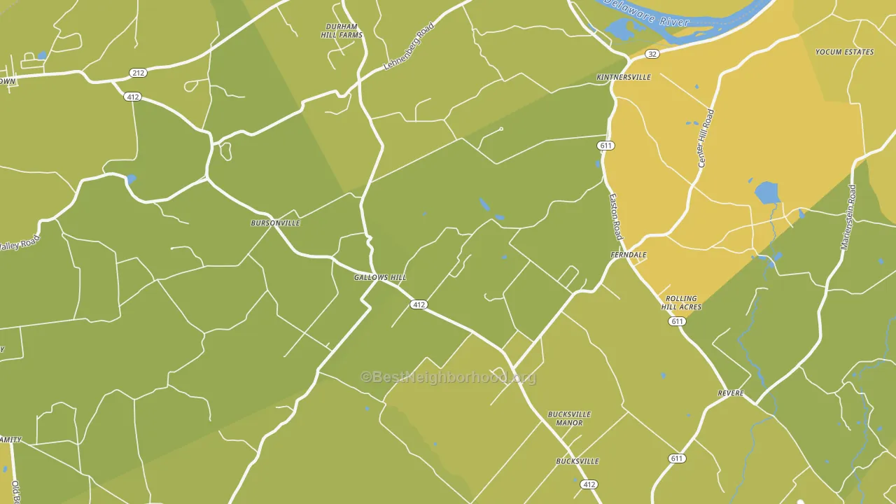 Map of the best neighborhoods in the Kintnersville area, with better matches in green and worse matches in red