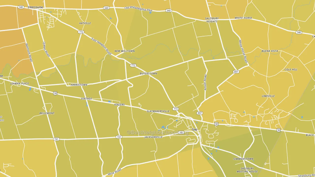 Map of the best neighborhoods in the Kinzers area, with better matches in green and worse matches in red
