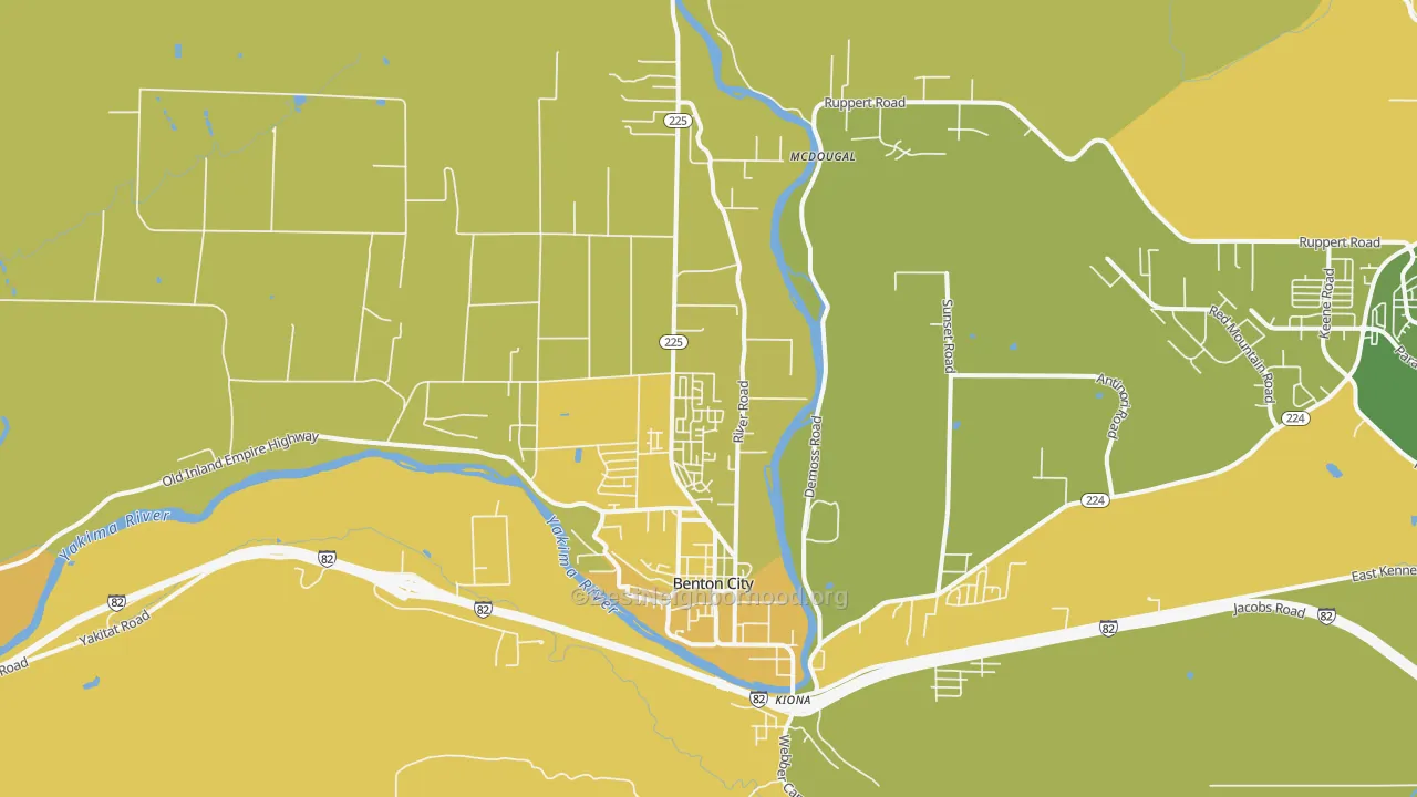 Map of the best neighborhoods in the Kiona area, with better matches in green and worse matches in red