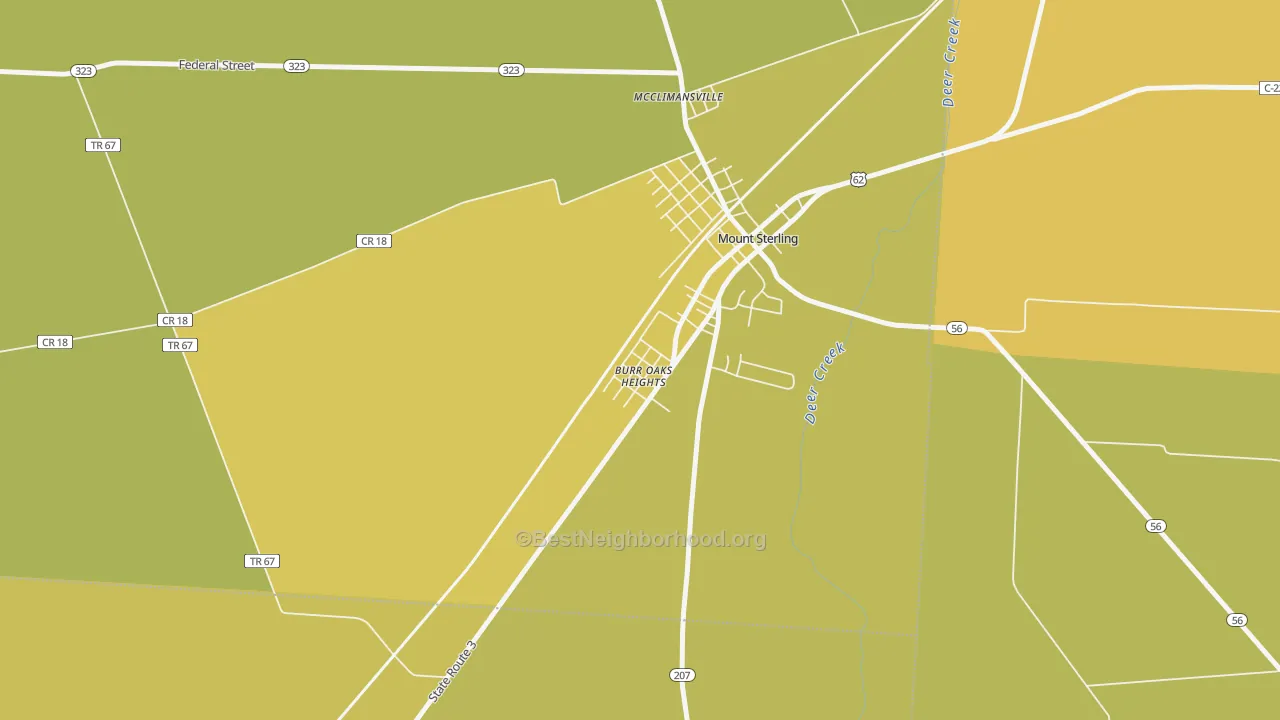 Map of the best neighborhoods in the Kiousville area, with better matches in green and worse matches in red