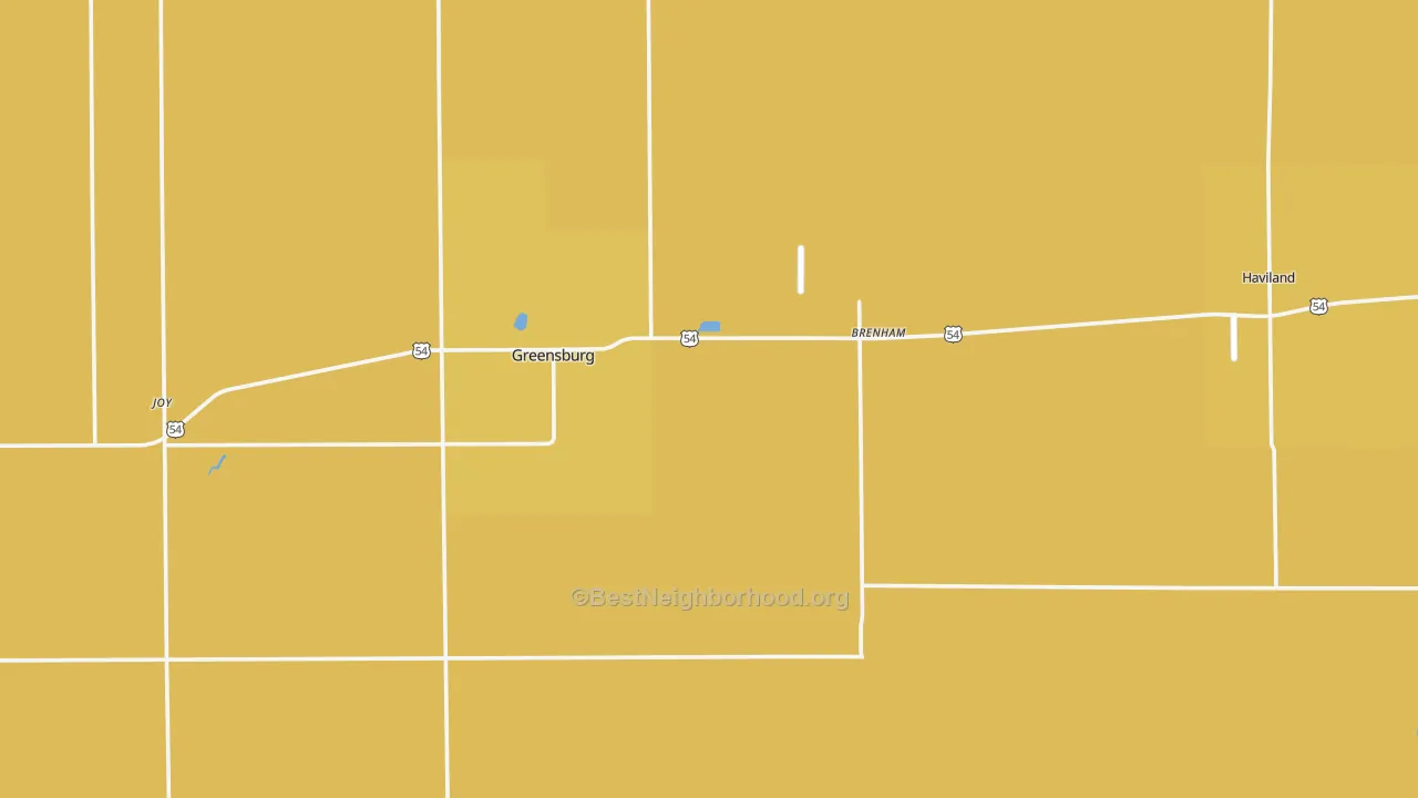 Map of the best neighborhoods in the Kiowa County area, with better matches in green and worse matches in red