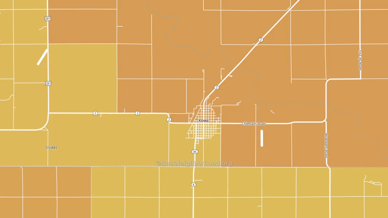 Map of the best neighborhoods in the Kiowa area, with better matches in green and worse matches in red