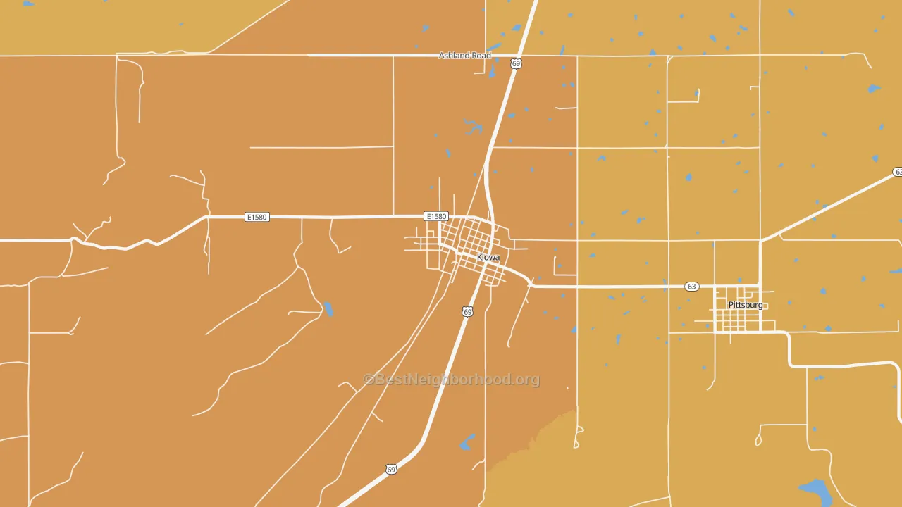Map of the best neighborhoods in the Kiowa area, with better matches in green and worse matches in red
