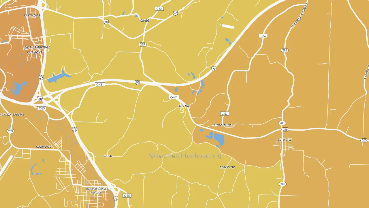 Map of the best neighborhoods in the Kipling area, with better matches in green and worse matches in red