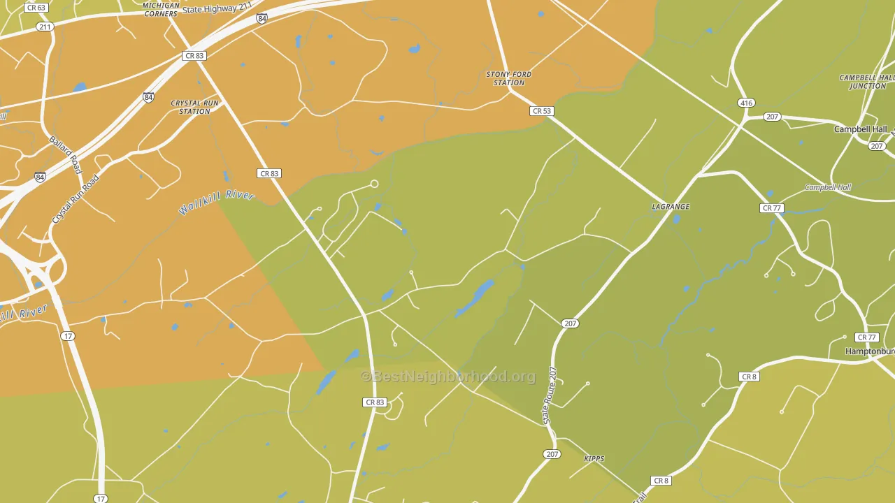 Map of the best neighborhoods in the Kipps area, with better matches in green and worse matches in red