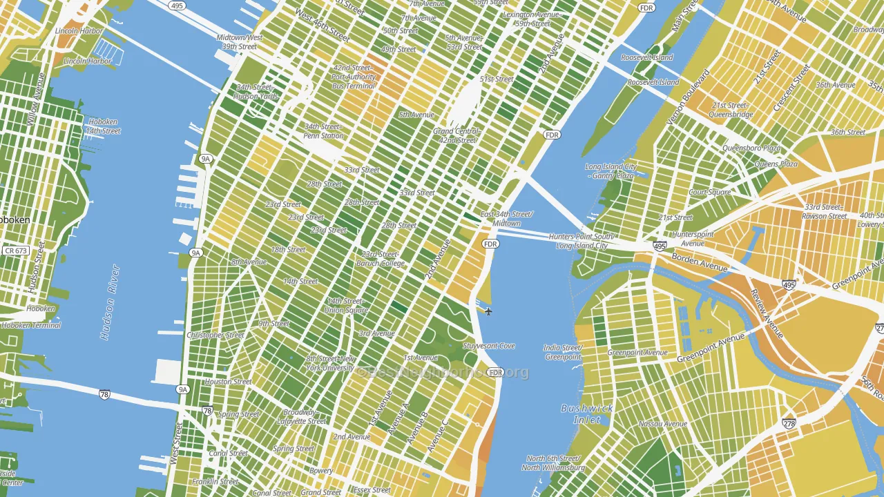 Map of the best neighborhoods in the Kips Bay, Manhattan area, with better matches in green and worse matches in red