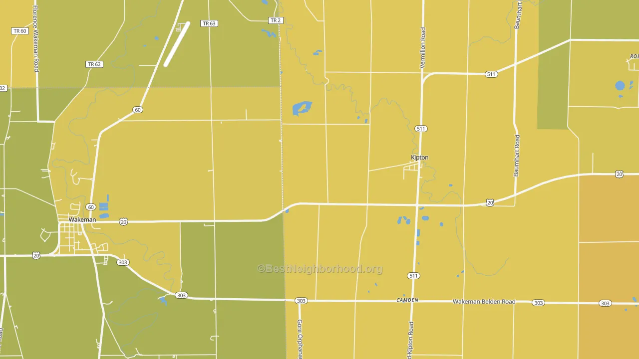Map of the best neighborhoods in the Kipton area, with better matches in green and worse matches in red