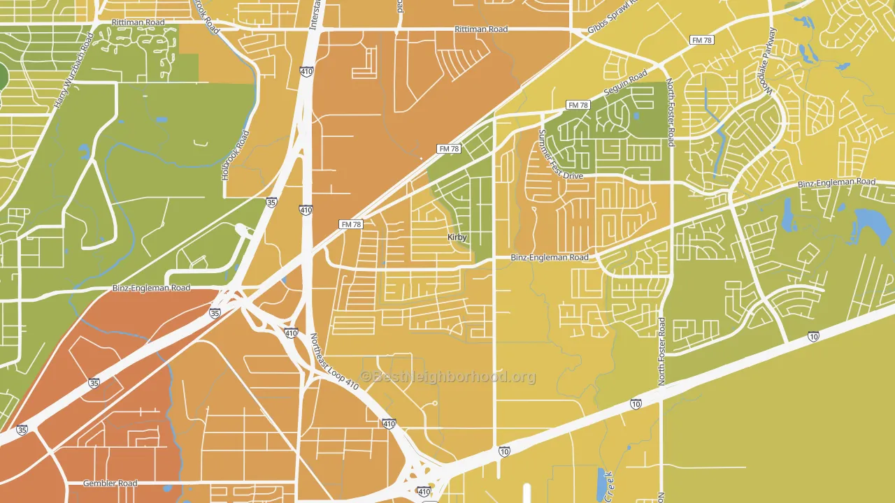 Map of the best neighborhoods in the Kirby area, with better matches in green and worse matches in red