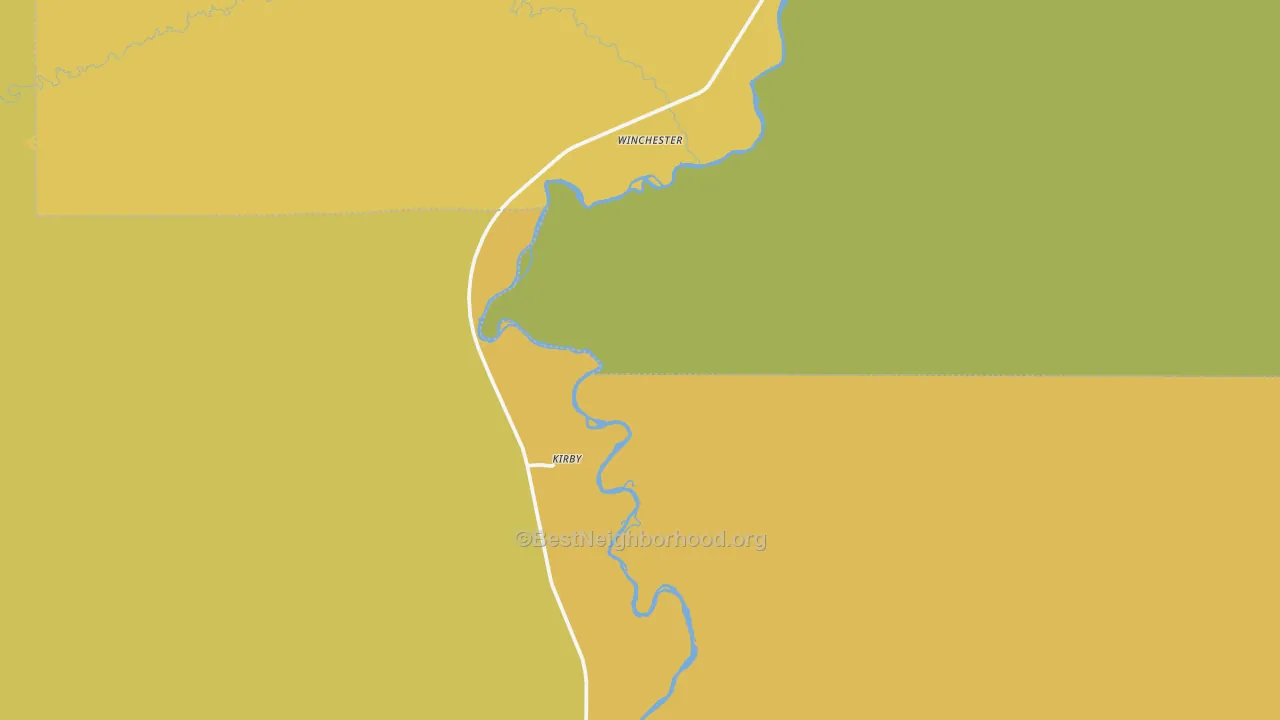 Map of the best neighborhoods in the Kirby area, with better matches in green and worse matches in red