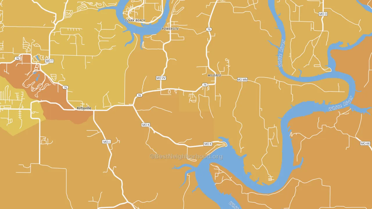 Map of the best neighborhoods in the Kirbyville area, with better matches in green and worse matches in red