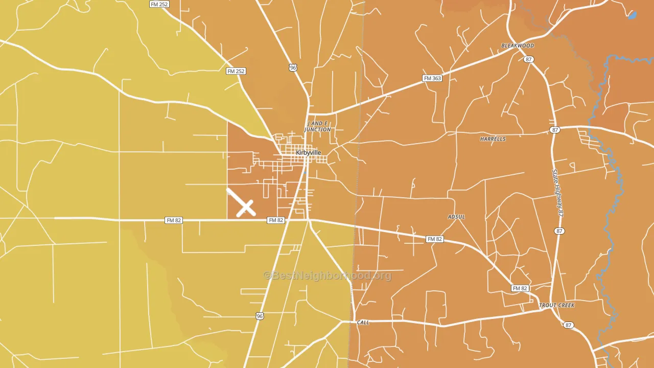 Map of the best neighborhoods in the Kirbyville area, with better matches in green and worse matches in red