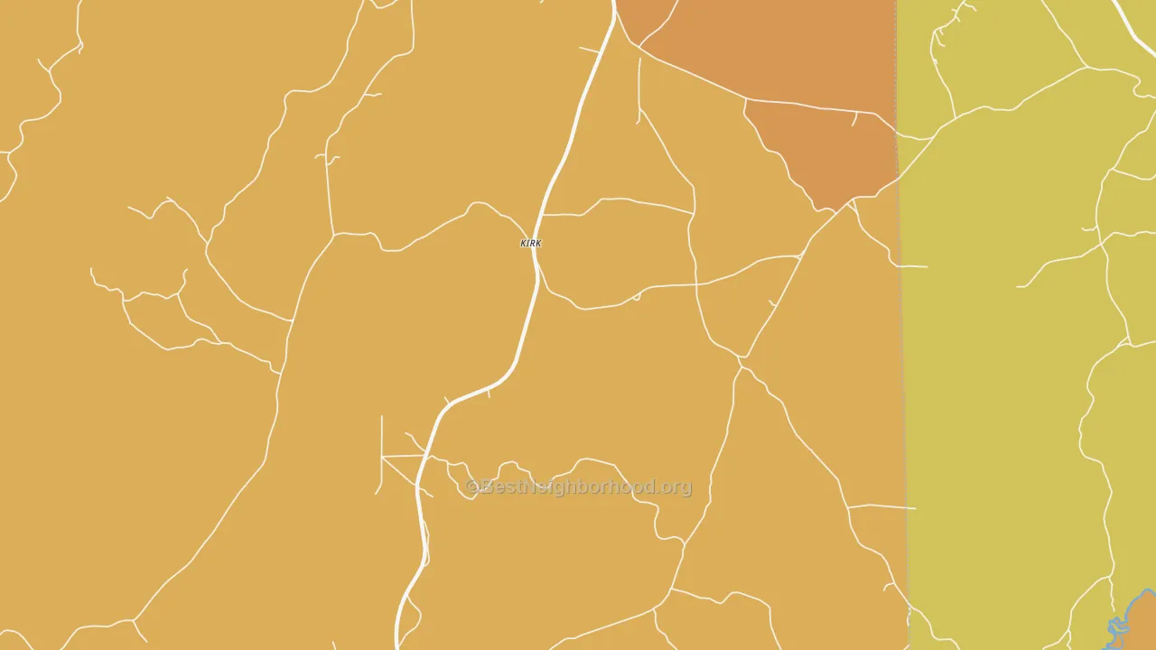 Map of the best neighborhoods in the Kirk area, with better matches in green and worse matches in red