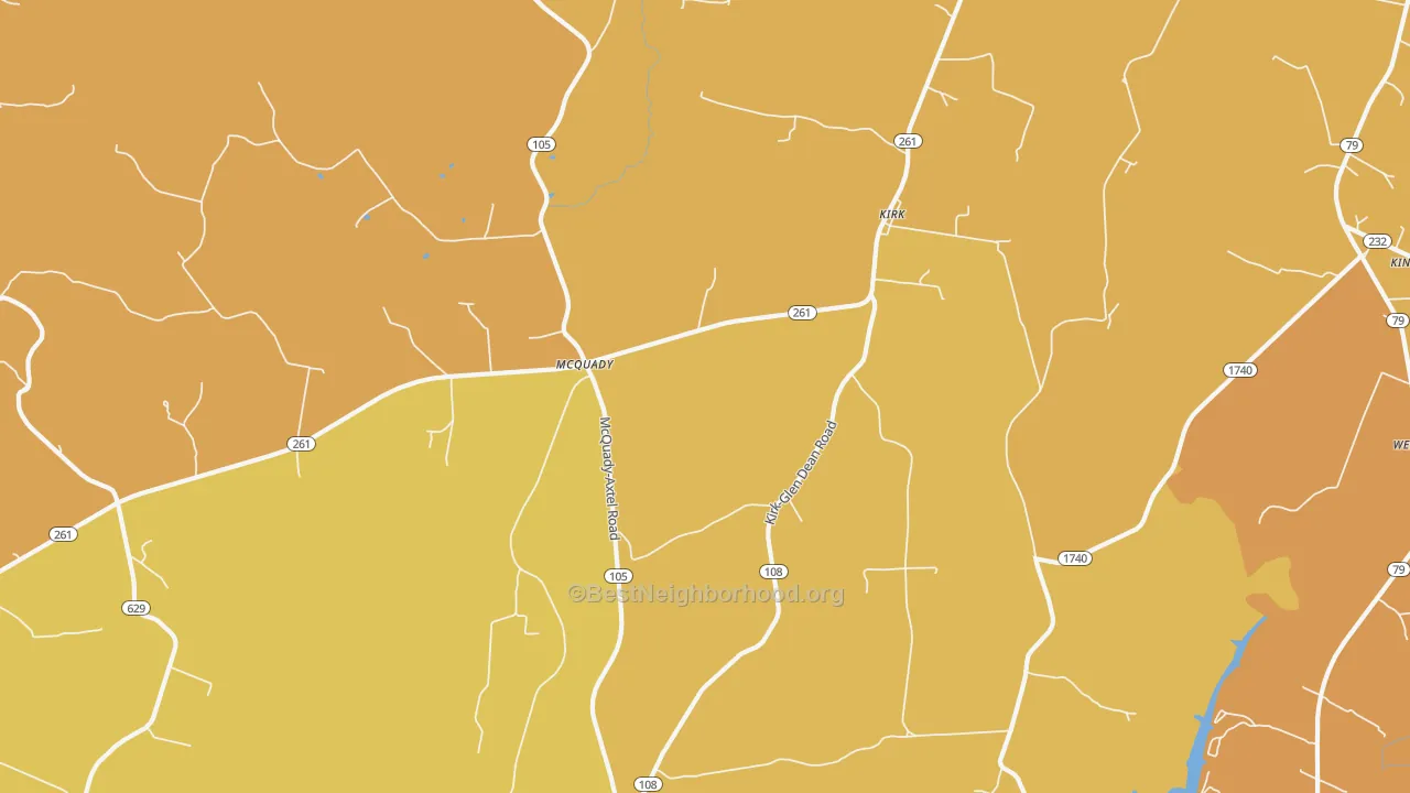 Map of the best neighborhoods in the Kirk area, with better matches in green and worse matches in red