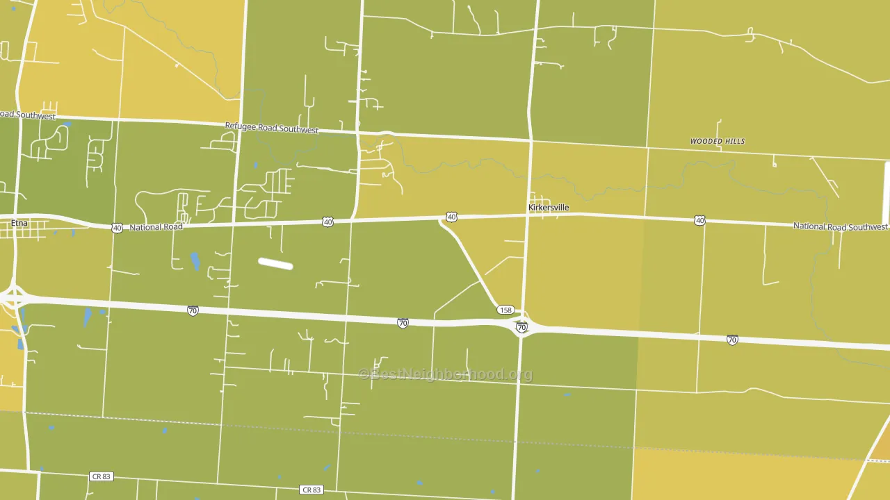 Map of the best neighborhoods in the Kirkersville area, with better matches in green and worse matches in red