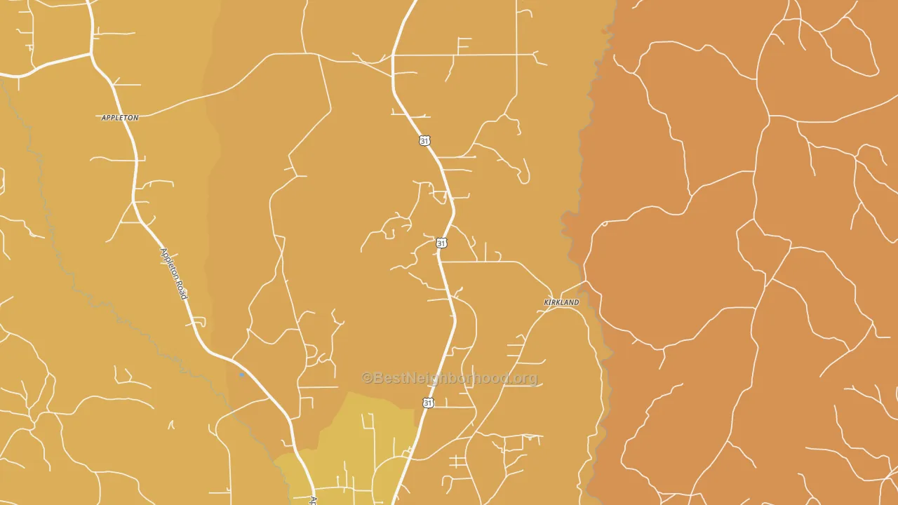 Map of the best neighborhoods in the Kirkland area, with better matches in green and worse matches in red