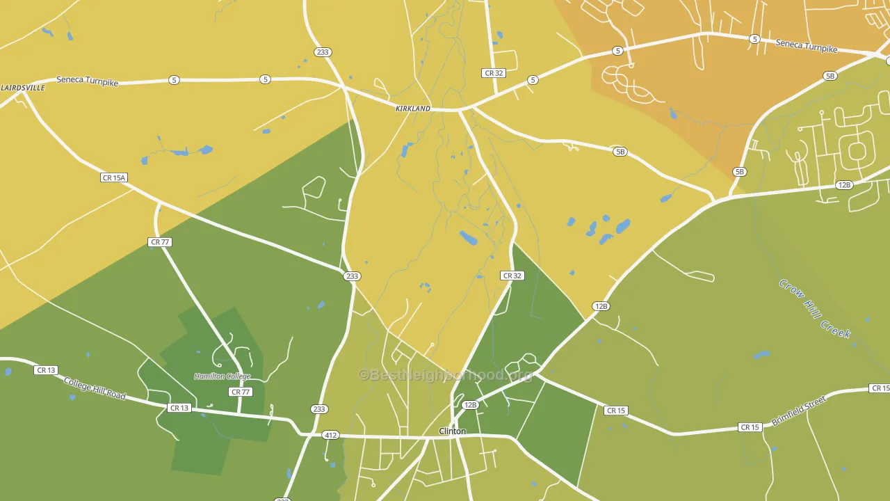 Map of the best neighborhoods in the Kirkland area, with better matches in green and worse matches in red