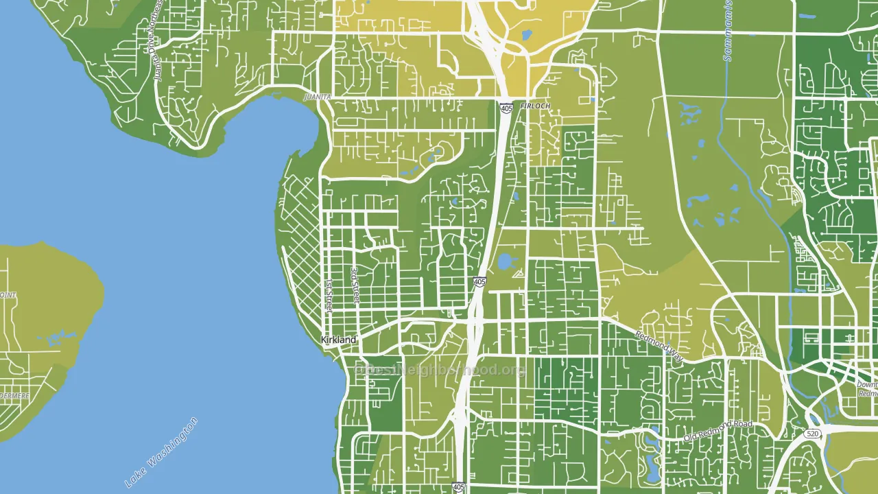 Map of the best neighborhoods in the Kirkland area, with better matches in green and worse matches in red