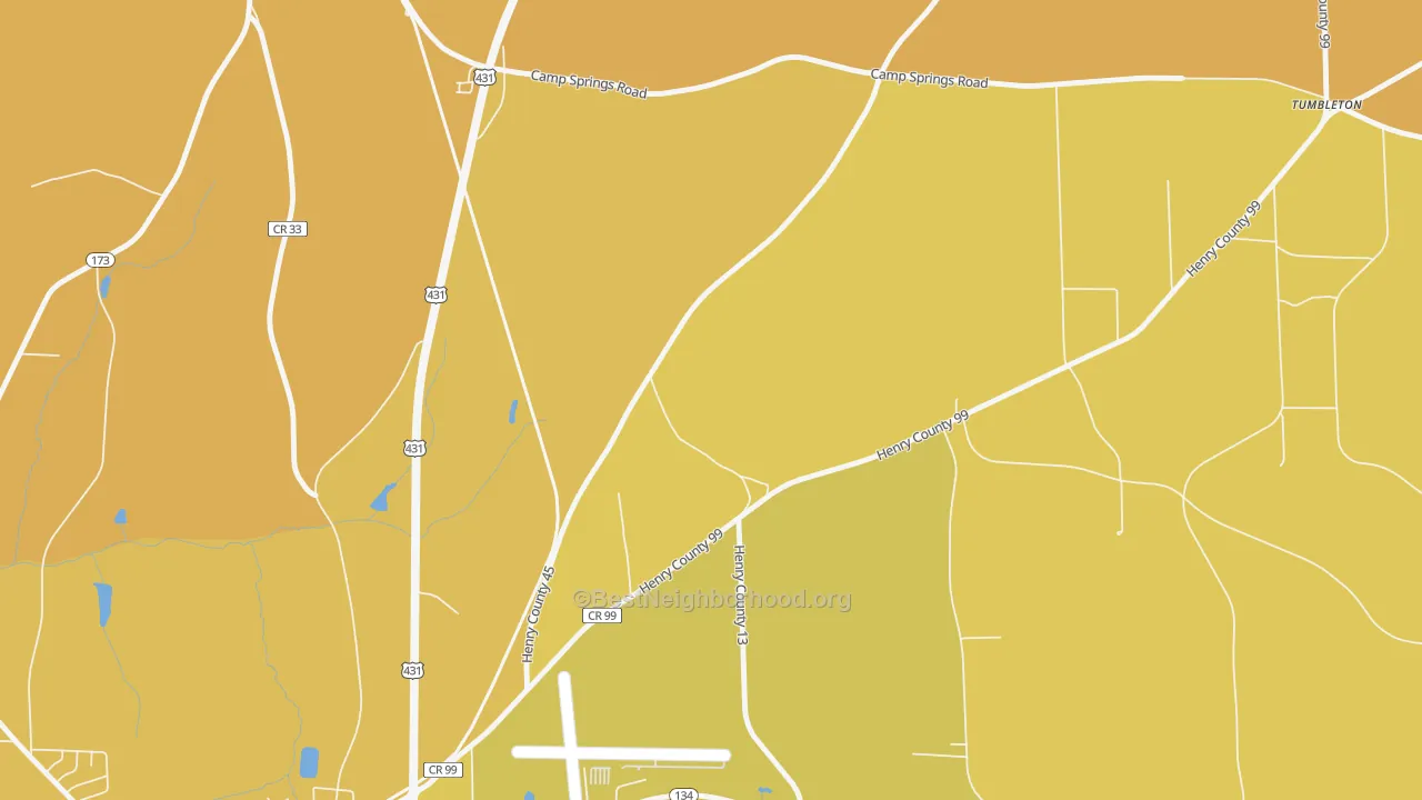 Map of the best neighborhoods in the Kirklands Crossroads area, with better matches in green and worse matches in red