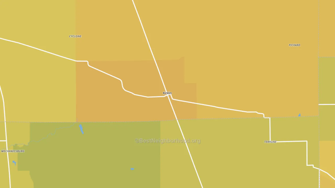 Map of the best neighborhoods in the Kirklin area, with better matches in green and worse matches in red
