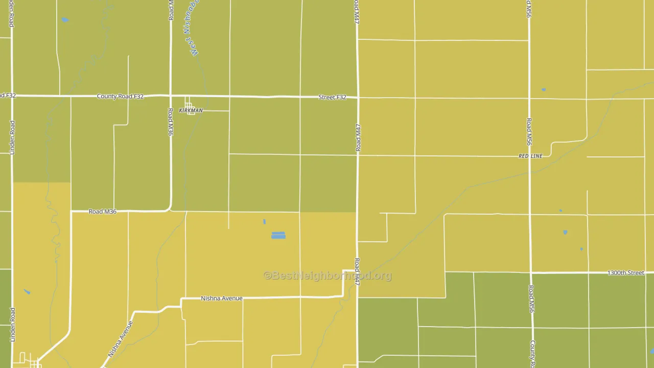Map of the best neighborhoods in the Kirkman area, with better matches in green and worse matches in red