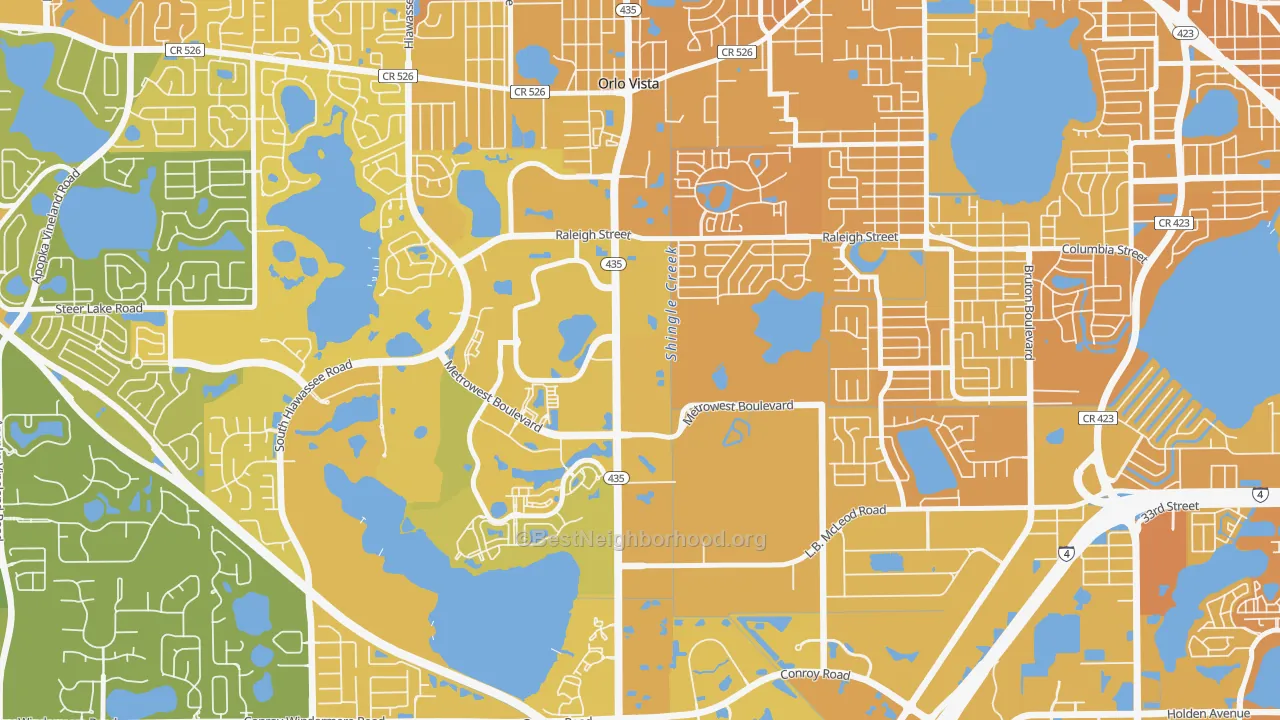 Map of the best neighborhoods in the Kirkman North, Orlando area, with better matches in green and worse matches in red