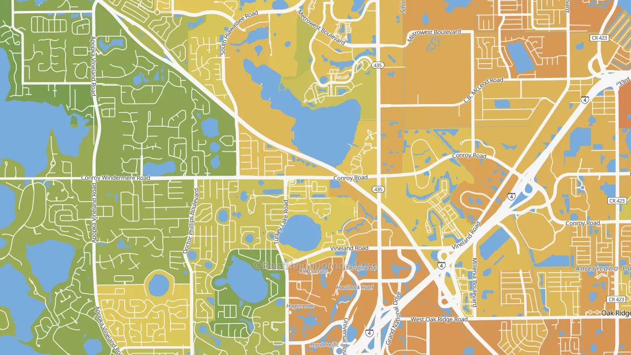 Map of the best neighborhoods in the Kirkman South, Orlando area, with better matches in green and worse matches in red