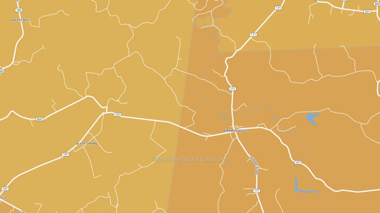 Map of the best neighborhoods in the Kirkmansville area, with better matches in green and worse matches in red