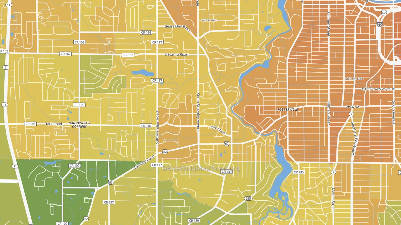 Map of the best neighborhoods in the Kirkmere, Youngstown area, with better matches in green and worse matches in red