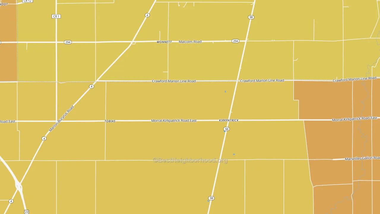 Map of the best neighborhoods in the Kirkpatrick area, with better matches in green and worse matches in red