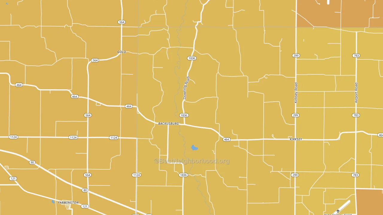 Map of the best neighborhoods in the Kirksey area, with better matches in green and worse matches in red