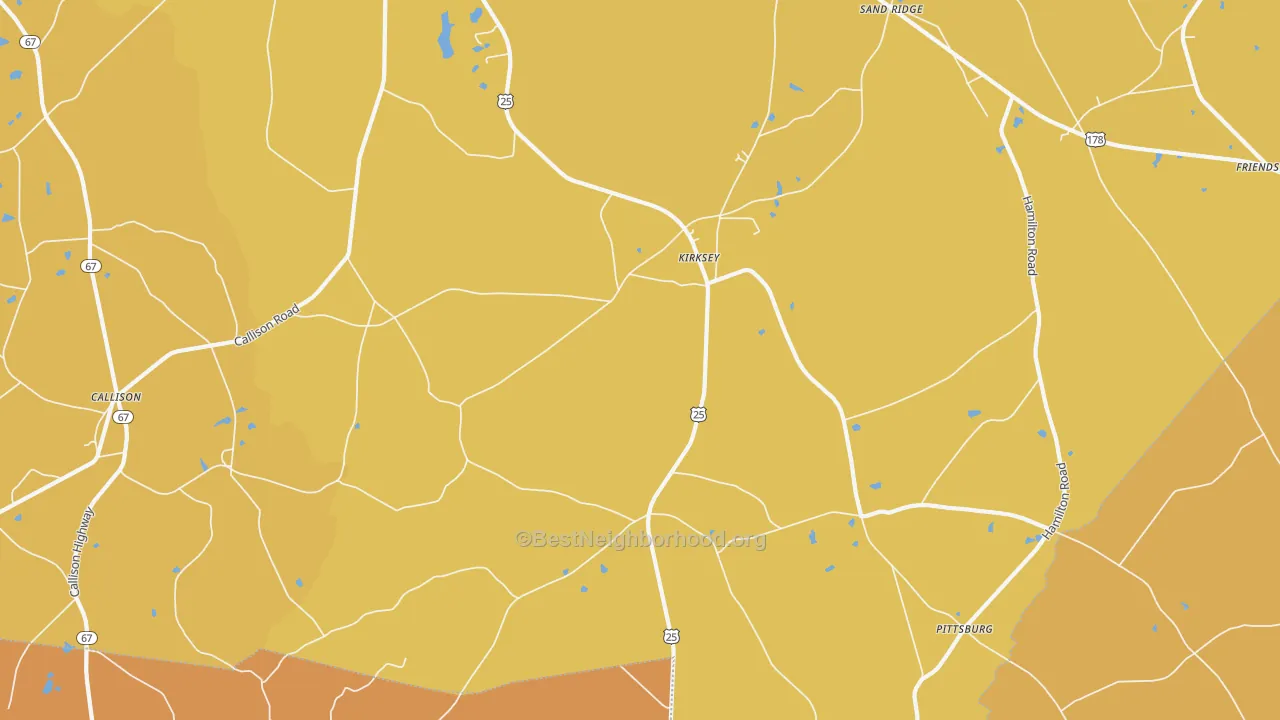 Map of the best neighborhoods in the Kirksey area, with better matches in green and worse matches in red