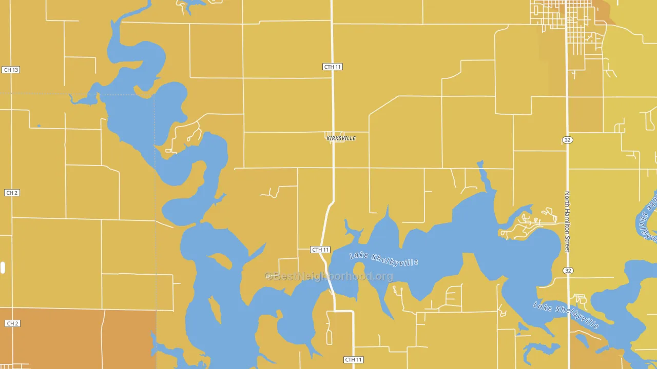 Map of the best neighborhoods in the Kirksville area, with better matches in green and worse matches in red