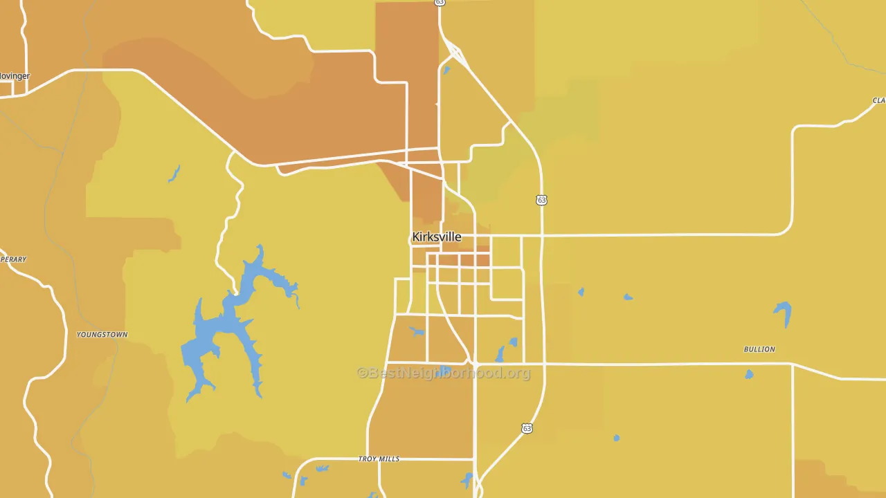 Map of the best neighborhoods in the Kirksville area, with better matches in green and worse matches in red