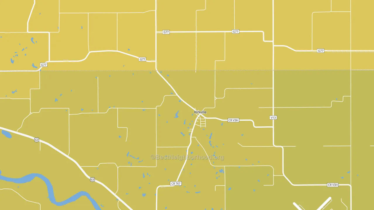 Map of the best neighborhoods in the Kirkville area, with better matches in green and worse matches in red