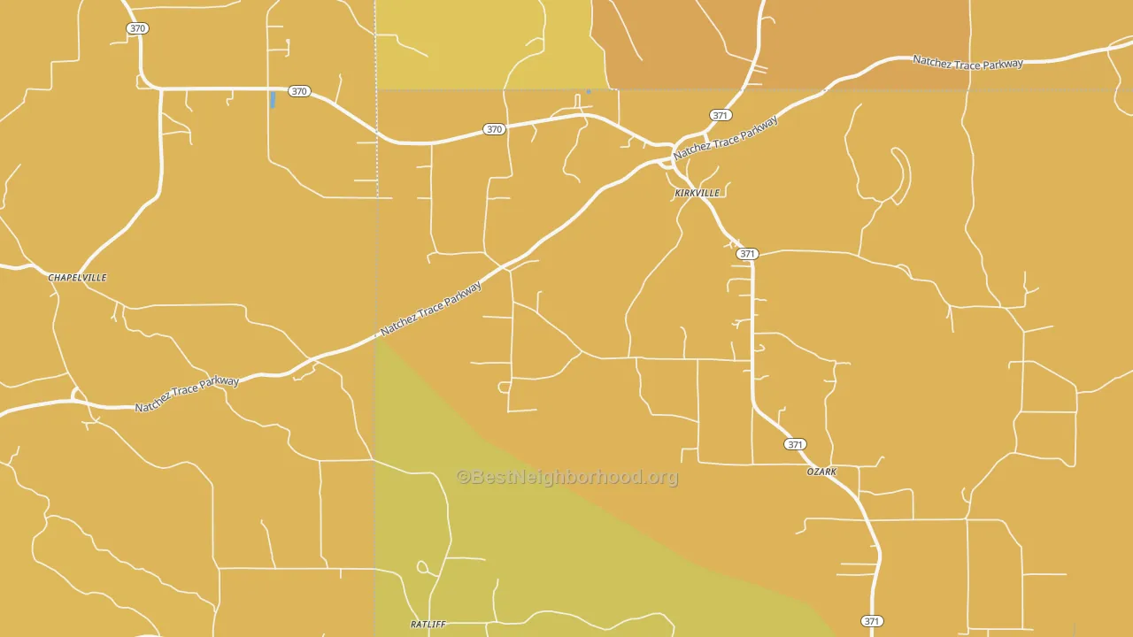 Map of the best neighborhoods in the Kirkville area, with better matches in green and worse matches in red