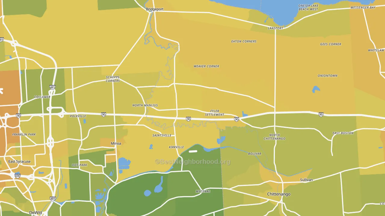 Map of the best neighborhoods in the Kirkville area, with better matches in green and worse matches in red