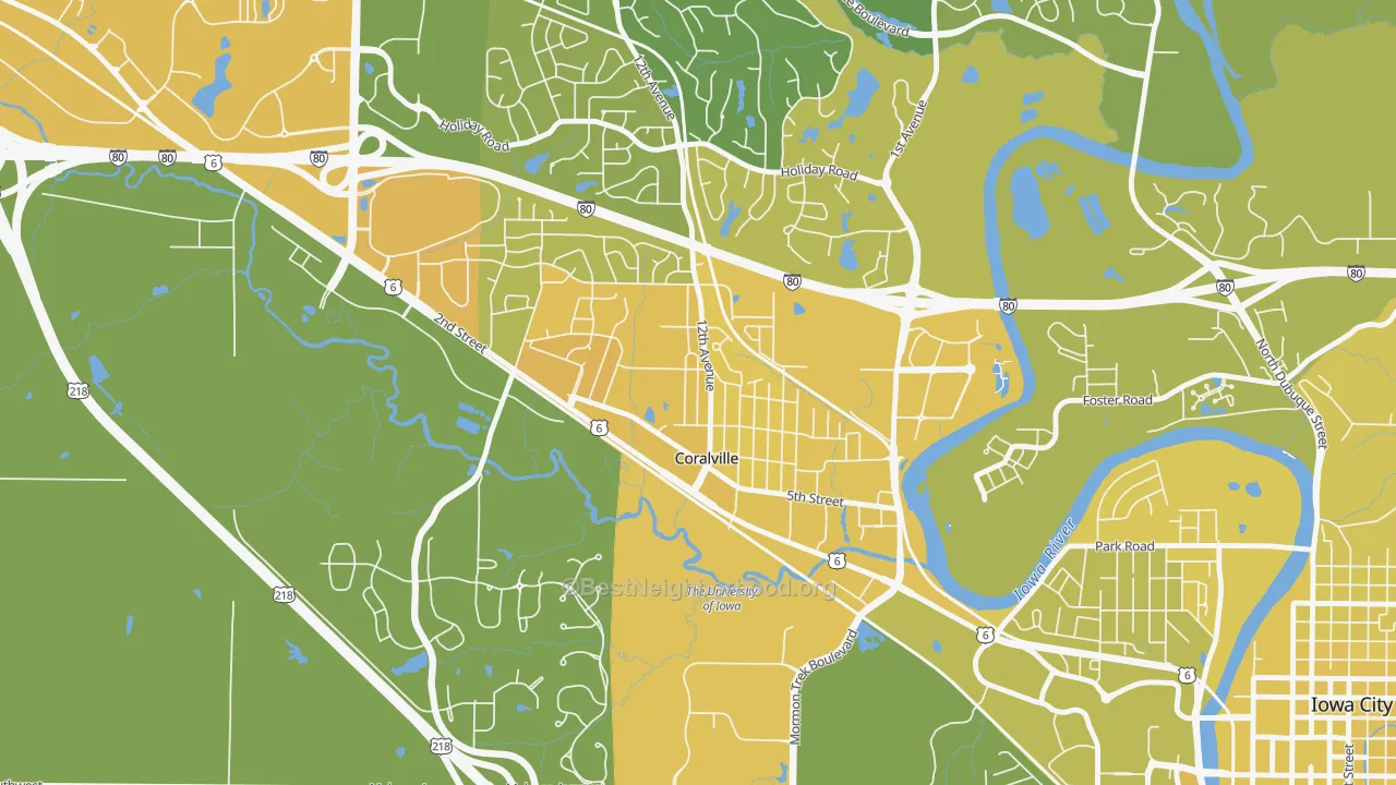 Map of the best neighborhoods in the Kirkwood, Coralville area, with better matches in green and worse matches in red