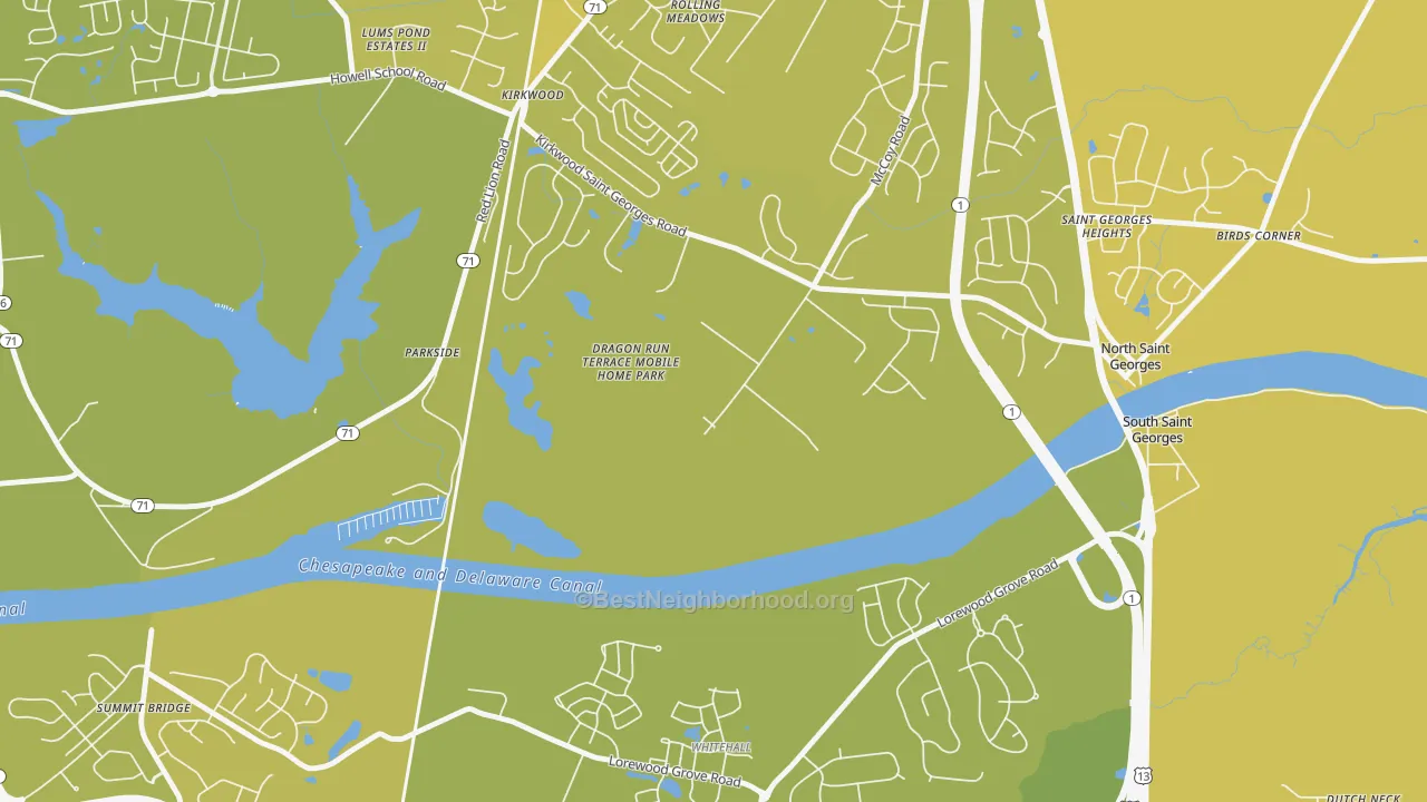 Map of the best neighborhoods in the Kirkwood area, with better matches in green and worse matches in red