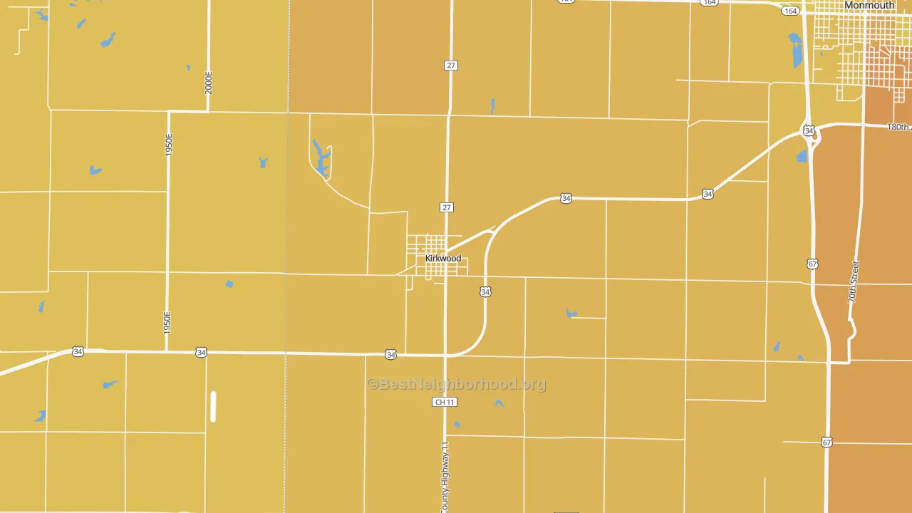 Map of the best neighborhoods in the Kirkwood area, with better matches in green and worse matches in red