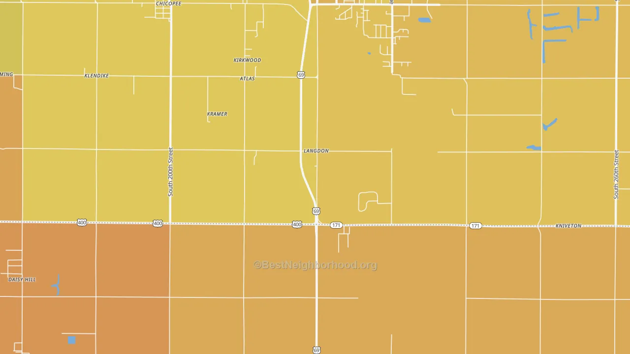 Map of the best neighborhoods in the Kirkwood area, with better matches in green and worse matches in red