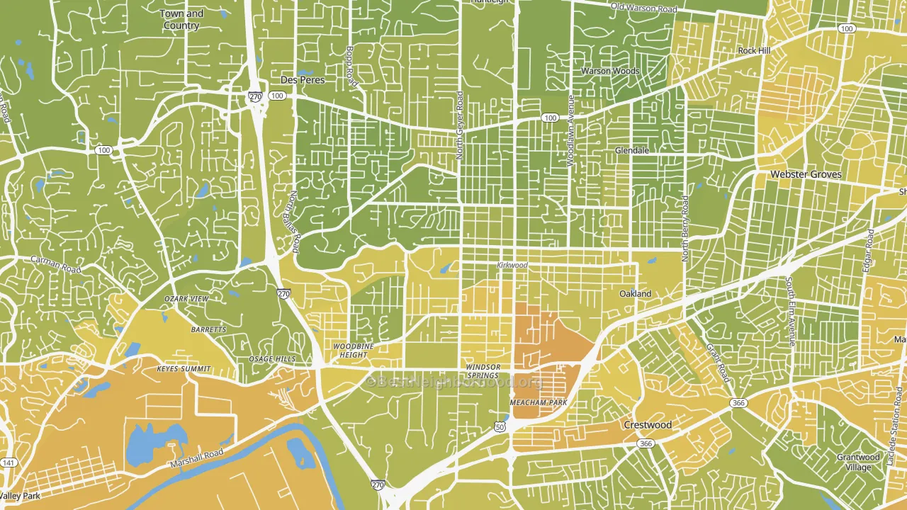 Map of the best neighborhoods in the Kirkwood area, with better matches in green and worse matches in red