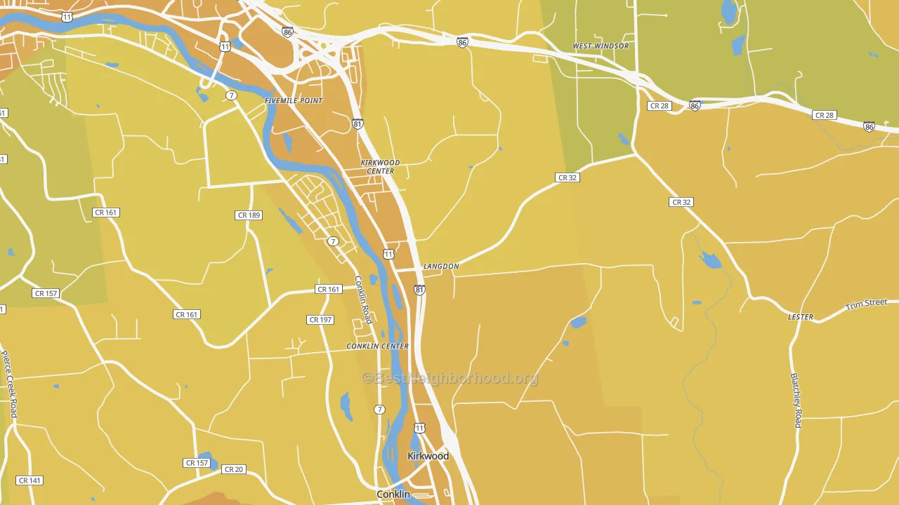 Map of the best neighborhoods in the Kirkwood area, with better matches in green and worse matches in red