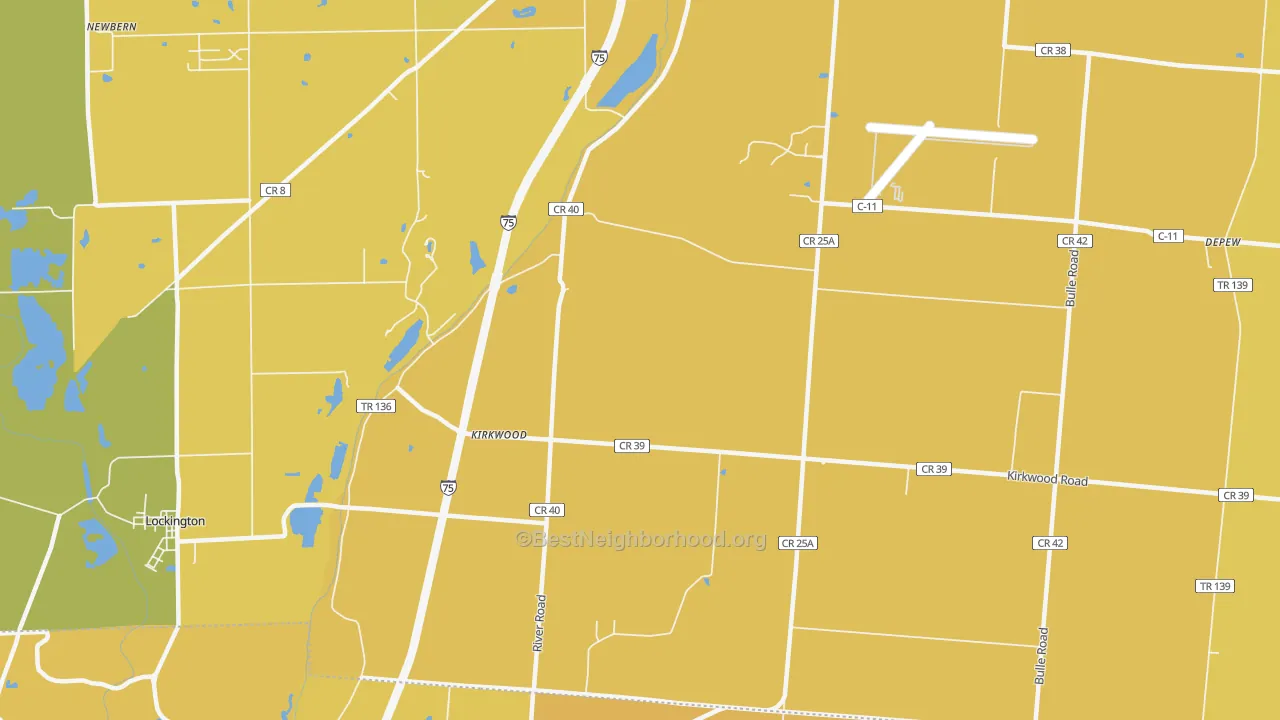 Map of the best neighborhoods in the Kirkwood area, with better matches in green and worse matches in red