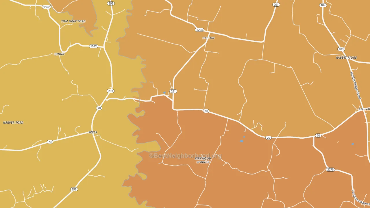 Map of the best neighborhoods in the Kirkwood Springs area, with better matches in green and worse matches in red