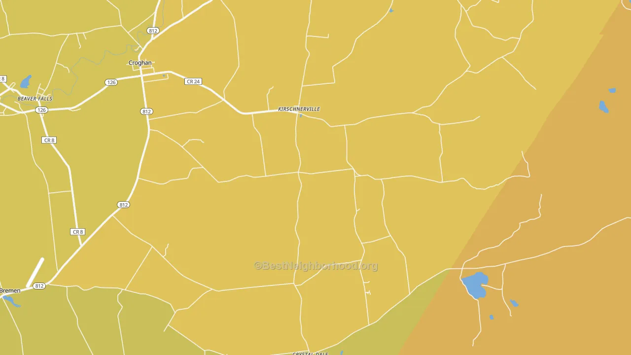 Map of the best neighborhoods in the Kirschnerville area, with better matches in green and worse matches in red