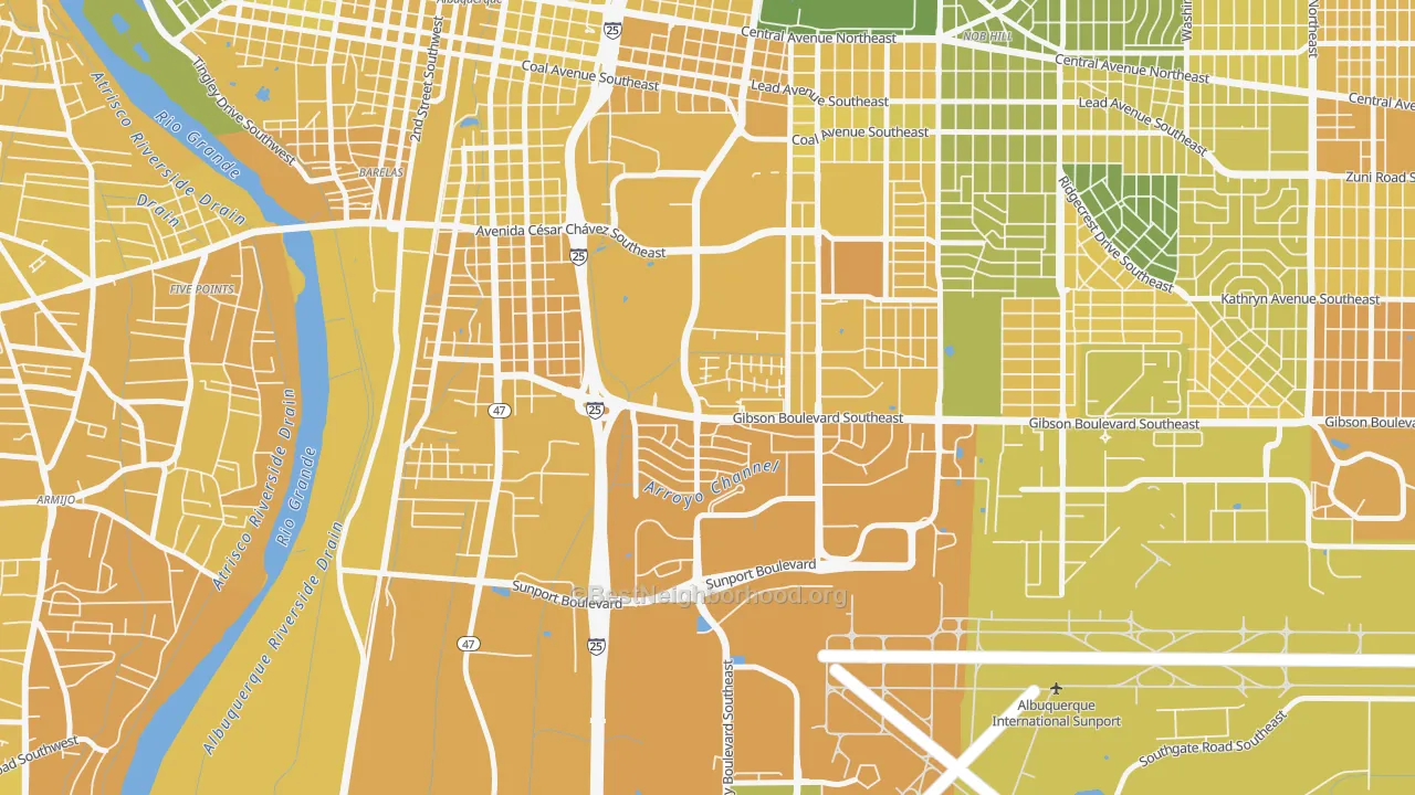 Map of the best neighborhoods in the Kirtland Community, Albuquerque area, with better matches in green and worse matches in red