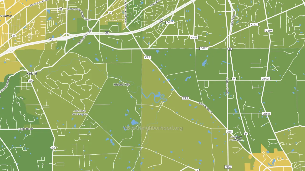 Map of the best neighborhoods in the Kirtland Hills area, with better matches in green and worse matches in red