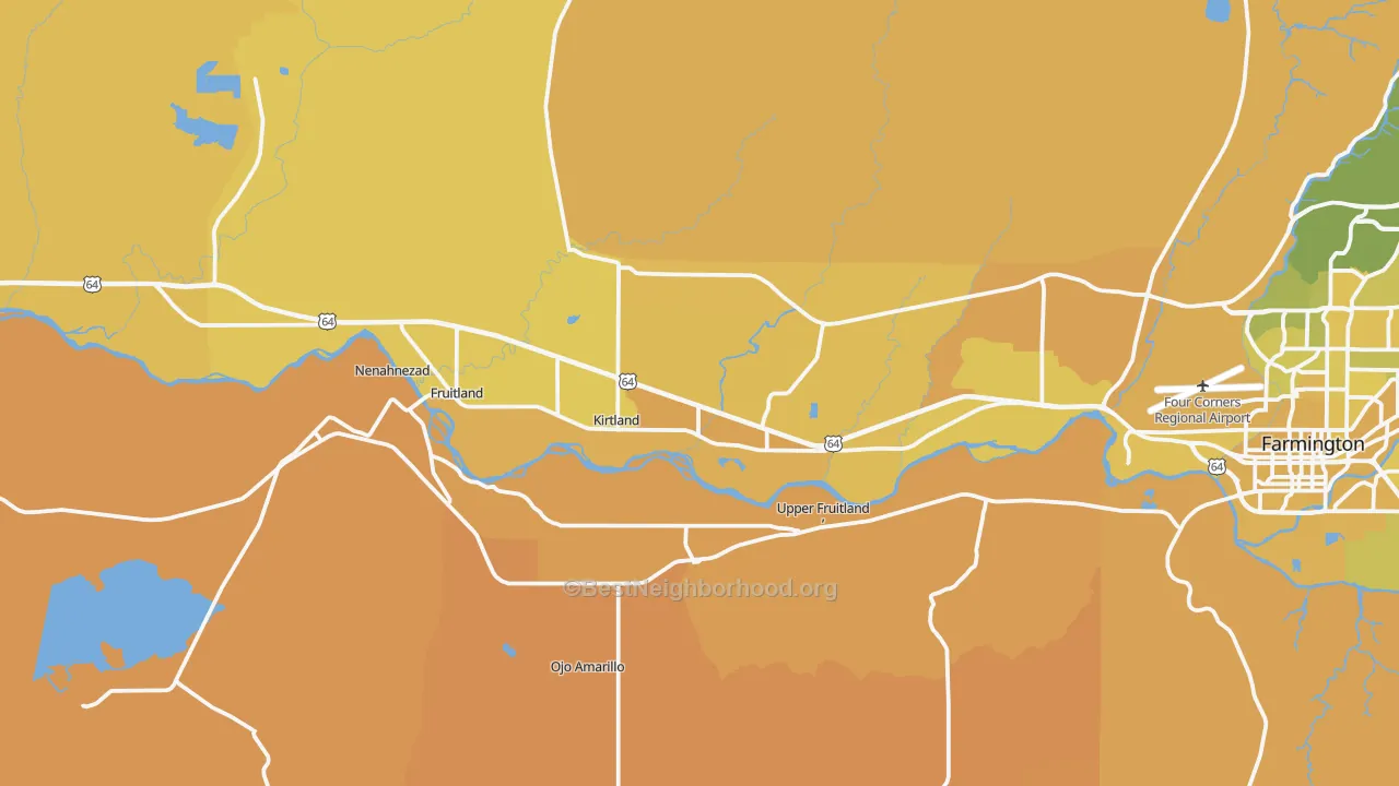 Map of the best neighborhoods in the Kirtland area, with better matches in green and worse matches in red